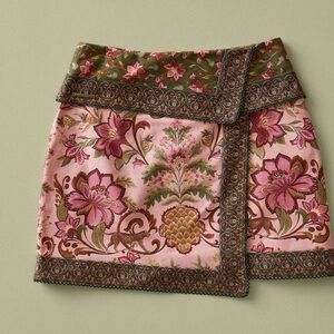 FARM Rio Pink Floral Wrap Mini Skirt with Olive Trim